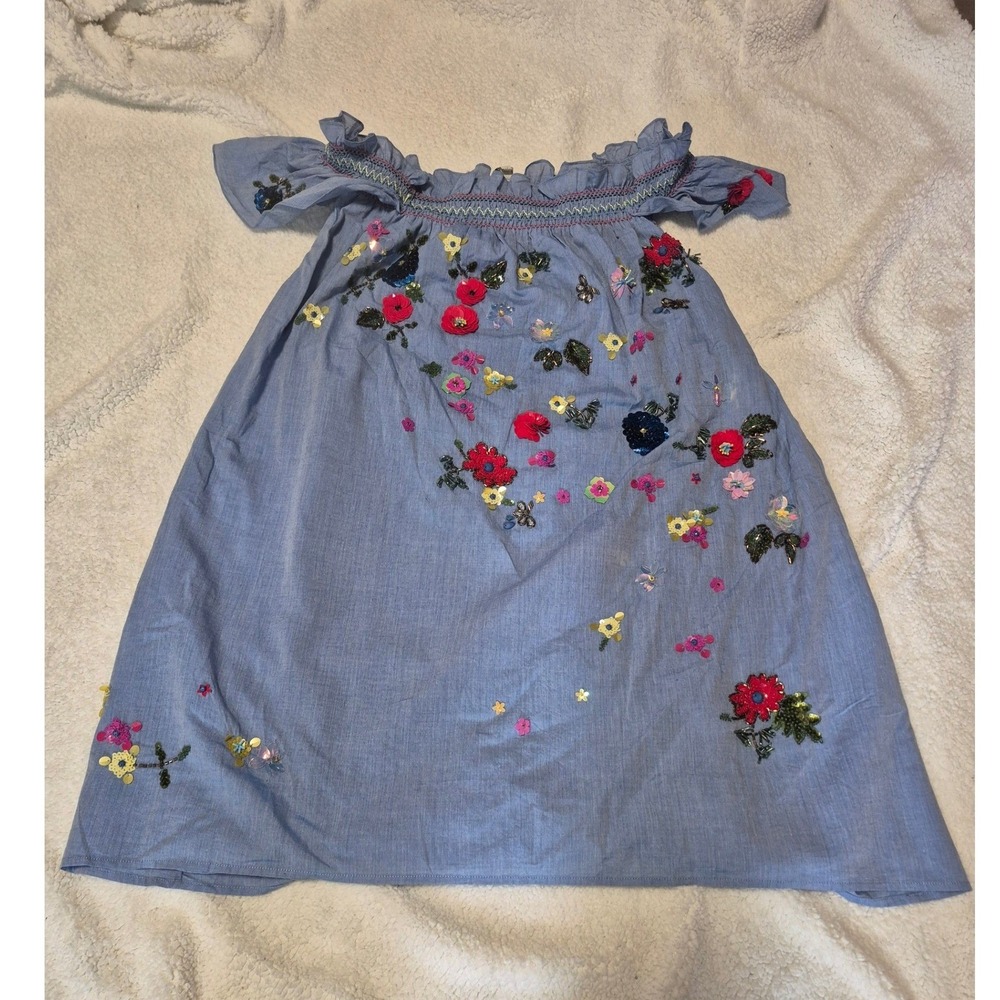 Joie Womens Blue Chambray Floral Sequin Embellished Off Shoulder Dress Medium